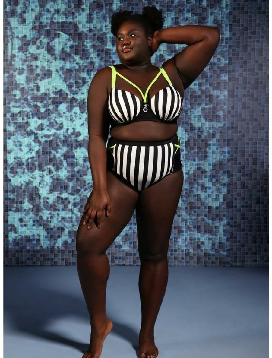 Plus * | Best Deal Beetlejuice Stripe High-Waisted Swim Bottoms Plus Size Multi