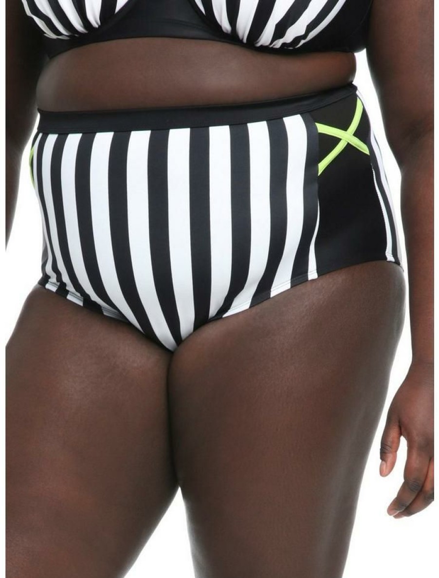 Plus * | Best Deal Beetlejuice Stripe High-Waisted Swim Bottoms Plus Size Multi