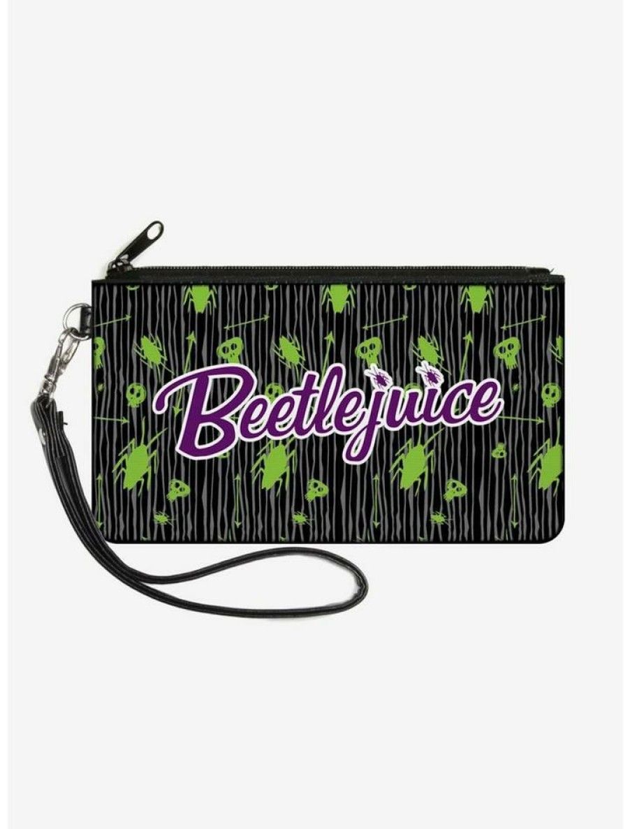 Backpacks & Bags * | Best Deal Beetlejuice Roach Skull Doodles Zip Clutch Canvas Wallet